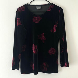 Velvet Rose Print Top Black Red Floral Stretch Long Sleeve Y2K Grunge Romantic M
